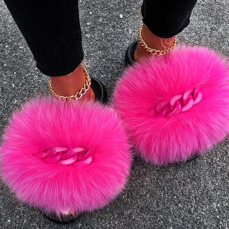 

Slippers Real Fur Fluffy Flip Flops Shiny Chain Plush Furry Slides Home Beach Flat Sandals Women Fashion Shoes, Black