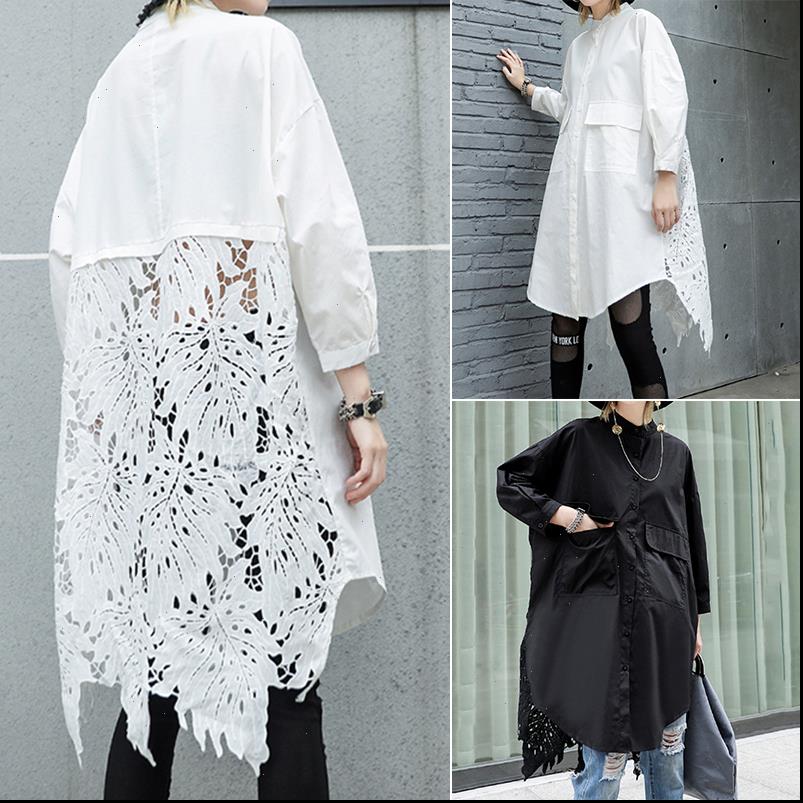 

women blouses lace crochet shirt casual lapel neck long sleeve hollow out blouse loose femme patchwork chemise 7, White