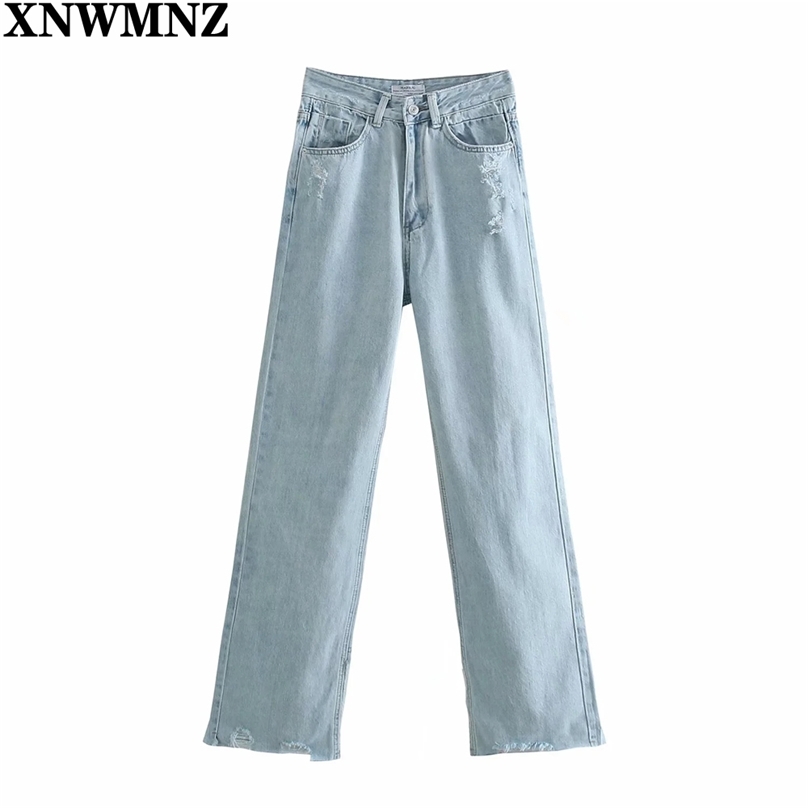 

Women Fashion full-length jeans with vents Female faded high-waist Jeans pockets button zip fly denim pants Lady 210520, Sky blue