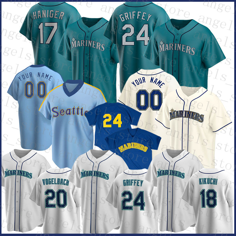 

Seattle Custom Mariners 24 Ken Griffey Jr. Baseball Jersey 1 Kyle Lewis 51 Ichiro Suzuki 11 Edgar Martinez 17 Mitch Haniger Felix Hernandez, Blue;black