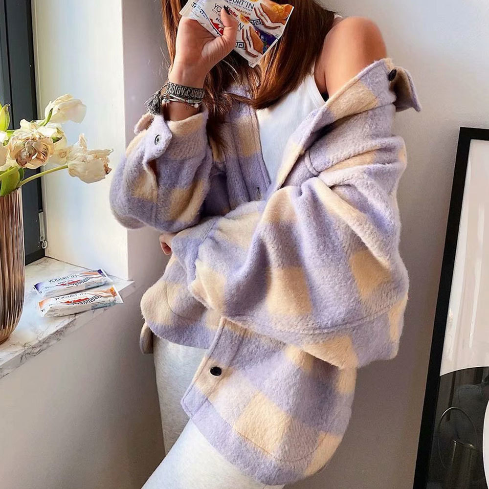 

Jocoo Jolee Vintage Purple Plaid Long Coat Woolen Shirt Jackets Autumn Winter Elegant Pockets Asymmetric Chic Outerwear 210518, As photo