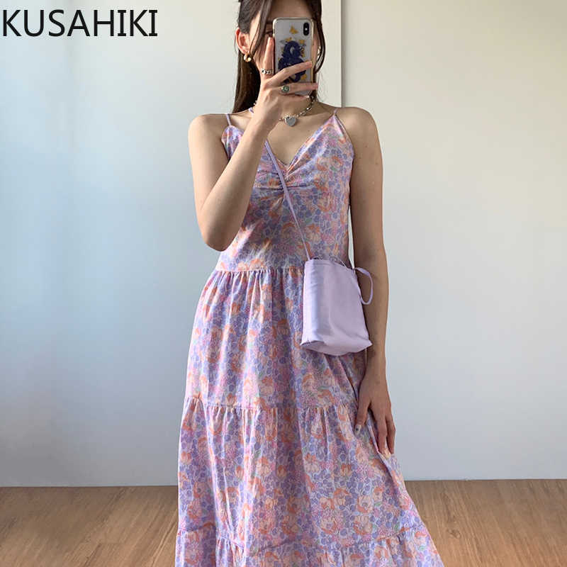 

KUSAHIKI Korean Chic Summer Floral Sling Dress High Waist A-line Spaghetti Strap Dresses Causal V-neck Sleeveless Vestidos 6J365 210602, Purple
