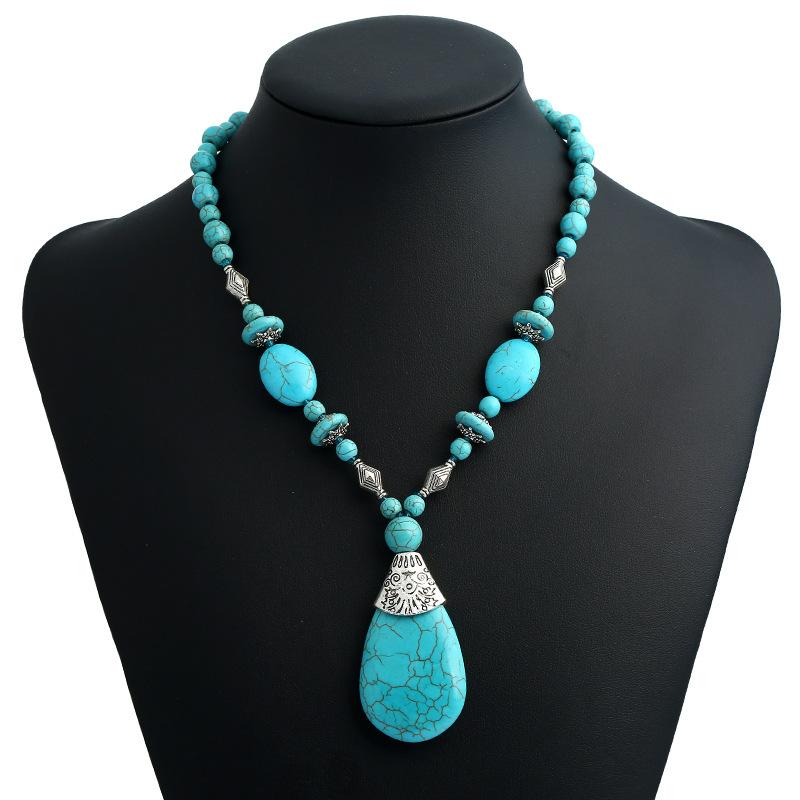 

Pendant Necklaces Turkish Vintage Beaded Blue Stones Long Necklace Women Sweater Chain Antique Gold Color Bohemia Ethnic Gypsy Jewelry Gift