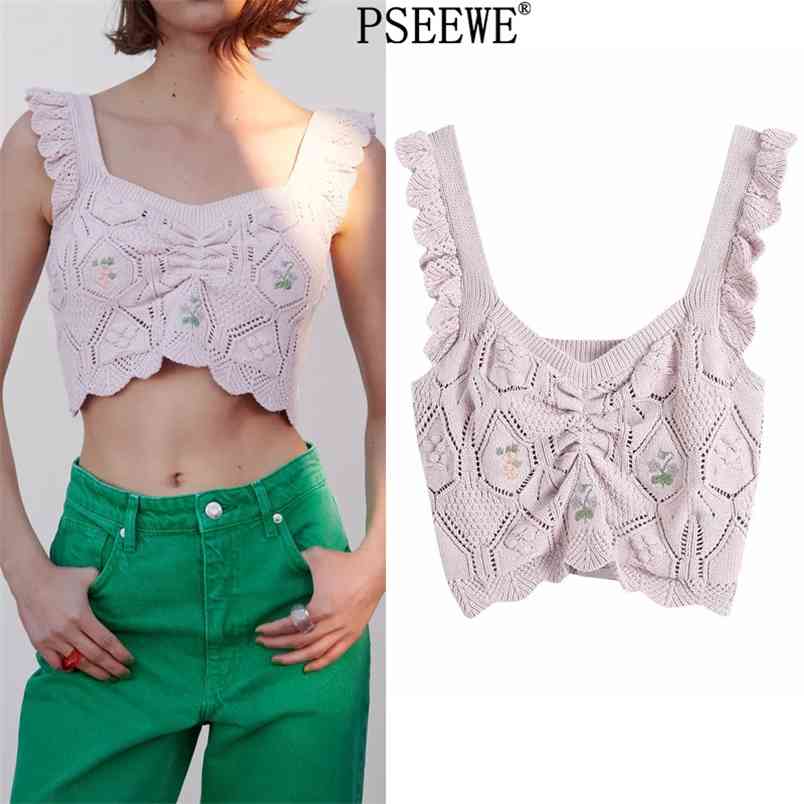 

Purple Floral Knitted Top Woman Summer Ruched V Neck Sleeveless Sexy Crop Female Ruffle Wide Straps Cami 210519