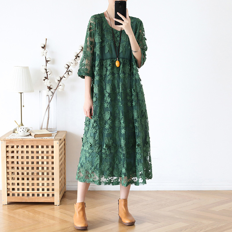 

Johnature Vintage Green Embroidery Floral Women Dresses Spring O-Neck Short Sleeve Casual A-Line Female Chiffon Dresses 210521