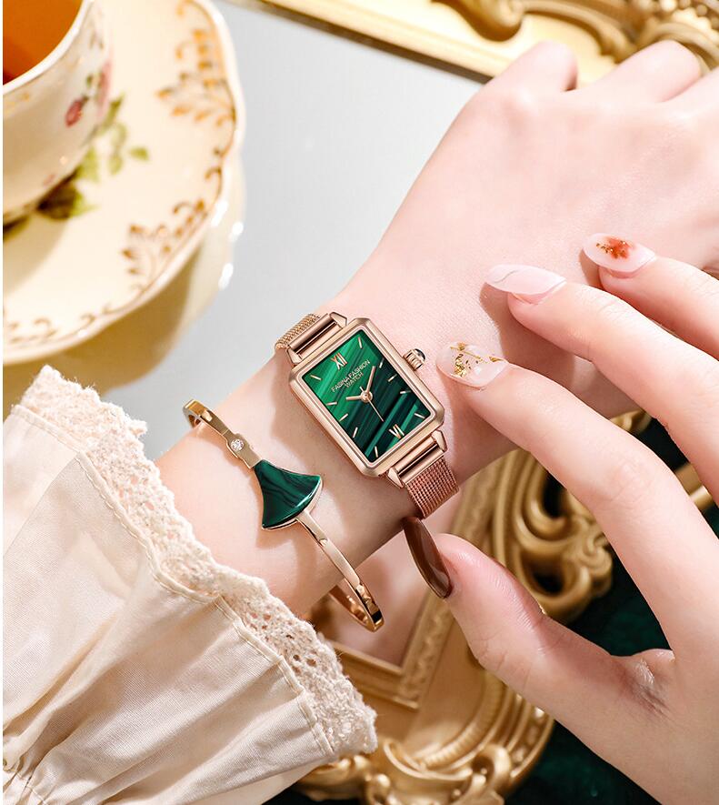 

FASINA Fashion watches Square Ladies 30mm Quartz daily waterproof Watch Bracelet Necklace kit Green Dial Simple Rose Gold Mesh leather watchband gift, Customize