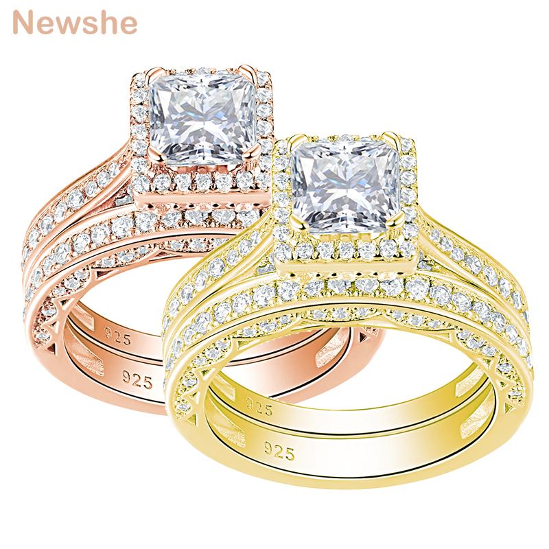 

Cluster Rings She Yellow & Rose Gold Wedding Ring Set For Women 925 Sterling Silver 1.5 Ct Princess Cut High Grade CZ Engagement, Golden;silver