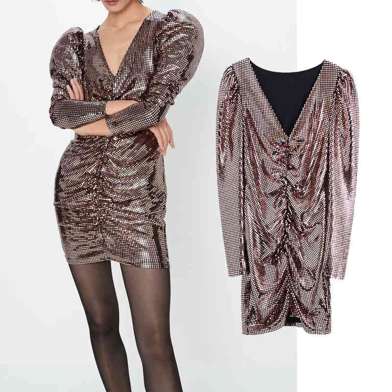 

Casual Dresses Fashion Folds decoration Sequins V-Neck long sleeve Ladies Loose Sequin inlay Vestidos Spring mini 8UCP, Beige