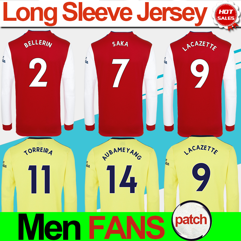 

Long Sleeve Gunners Home Red Soccer Jersey 21/22 S A K A Away Yellow Soccer shirt 2021/2022 Football Uniform Men adult, Away no patch