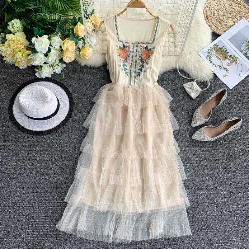 

Women Mesh Embroidery Flower O-neck Sexy Backless Thin Pleated High Waist Dress Female Holiday Casual Elegant Vestidos 210601, Yellow