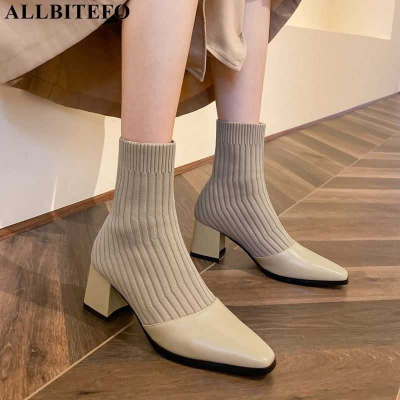 

ALLBITEFO comfortable Knitted wool + genuine leather women boots winter autumn motocycle boots high heels women ankle boots 210611, As picture