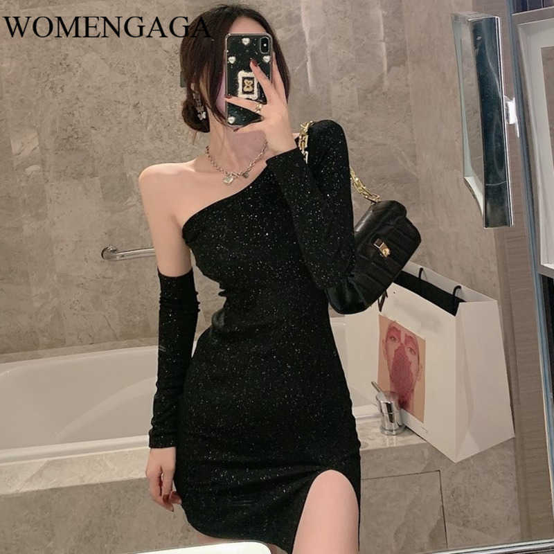 

WOMENGAGA Sexy Strapless Exposed Collarbone Full Sleeve Mini Hip Thin Irregular Dresse's Fashion EJNT 210603, Black
