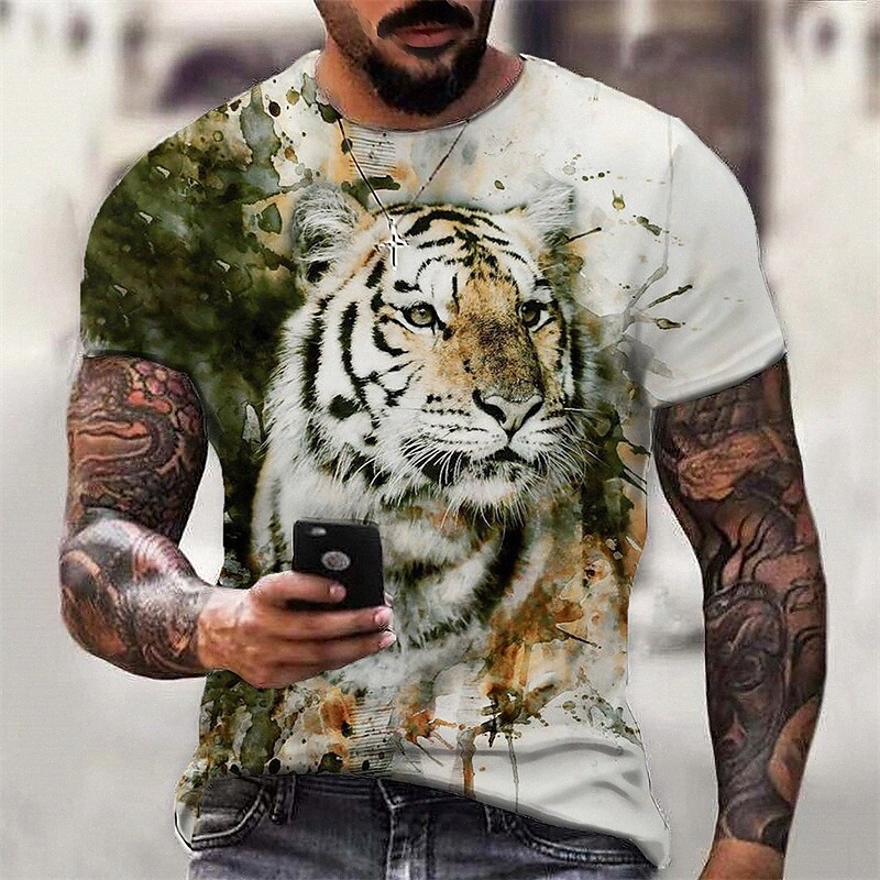 T-shirt pour hommes 3D Imprimer Graphic Tiger Col Couture Daily Sports Imprimé Courtes Sleeve Tops Casual Classic Designer Grand et grand blanc X