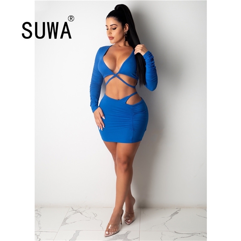 

Solid Color Deep V Neck Long Sleeve Bandage Crop Top Tunic Mini Bodycon Dresses Sexy Party And Wedding Women Sets With Skirts 210525, Red