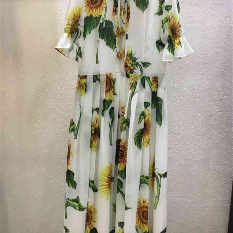 

Truevoker Lady Runway Fashion Holiday Party Robe Women Short Sleeve Flower Print Diamond Button Midi Resort Mujer Vestido 210602, Yellow