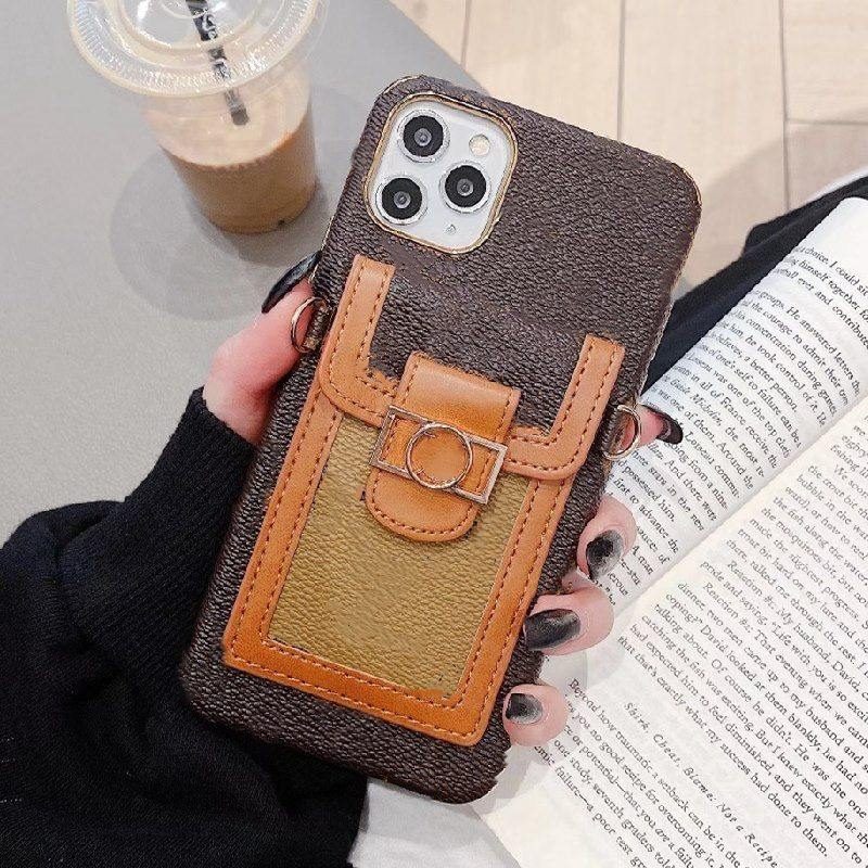 

For iphone 12 12pro 11 pro max XS XR Xsmax 7 8 plus Phone Cases Top Quality Fashion Leather Card Pocket Designer Cellphone Cover with lanyar, Brown-#lvlogo(with lanyard)