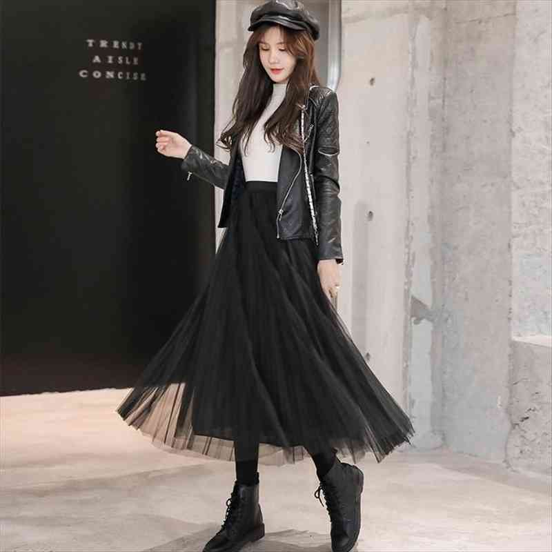 

mesh skirt autumn and winter high waist a- line pleated expansion skirt woman skirts mujer faldas saias mulher, Black