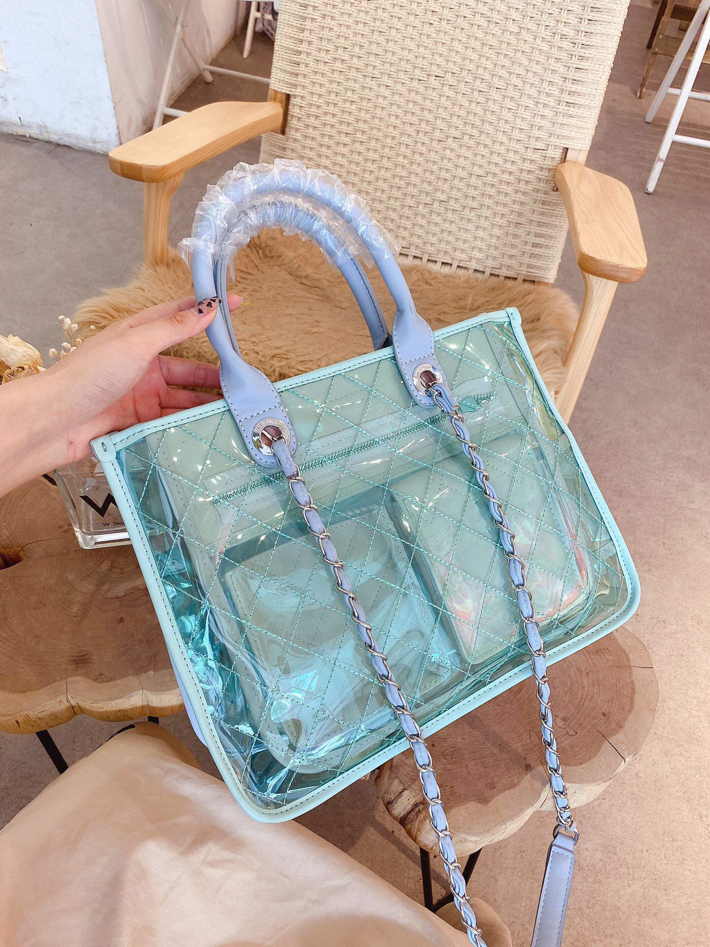 

Classic Clean Shopping Bag With Chain Beach Vacation Shoulder Tote Case Cosmetic Pouch, As picture