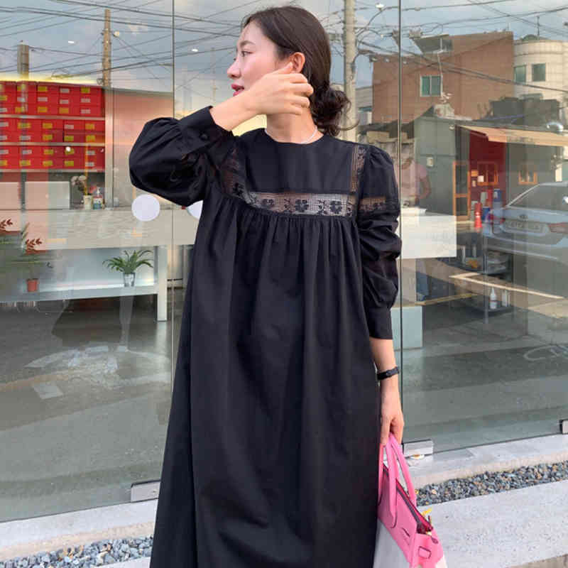 

Casual Dresses Lamtrip See Through Lace Patchwork Sleeve Solid Korean Lady Retro 8D5H, Black