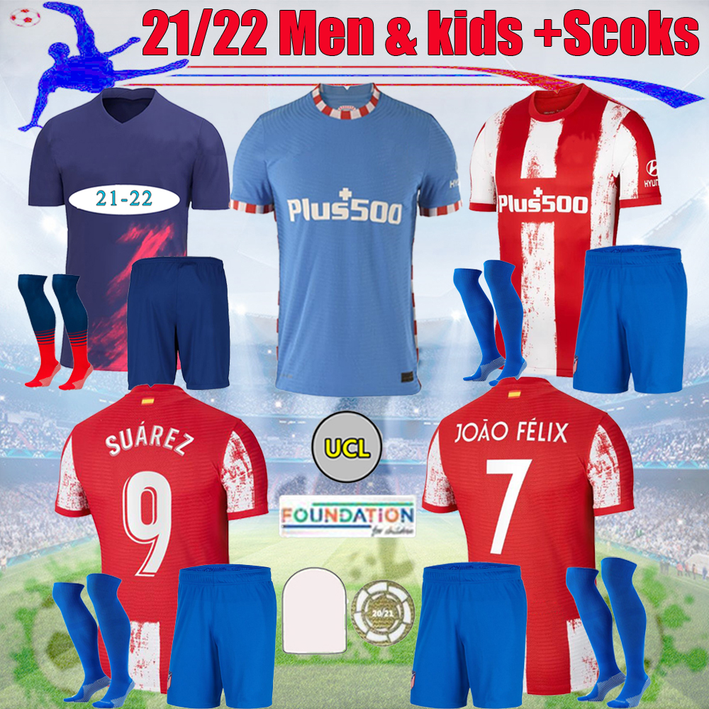 

21 22 Atletico soccer jerseys JOAO FELIX CORREA 2021 2022 madrid men kit jersey KOKE SAVIC LEMAR M.LLORENTE SAUL football kids uniform, 21/22 away kit