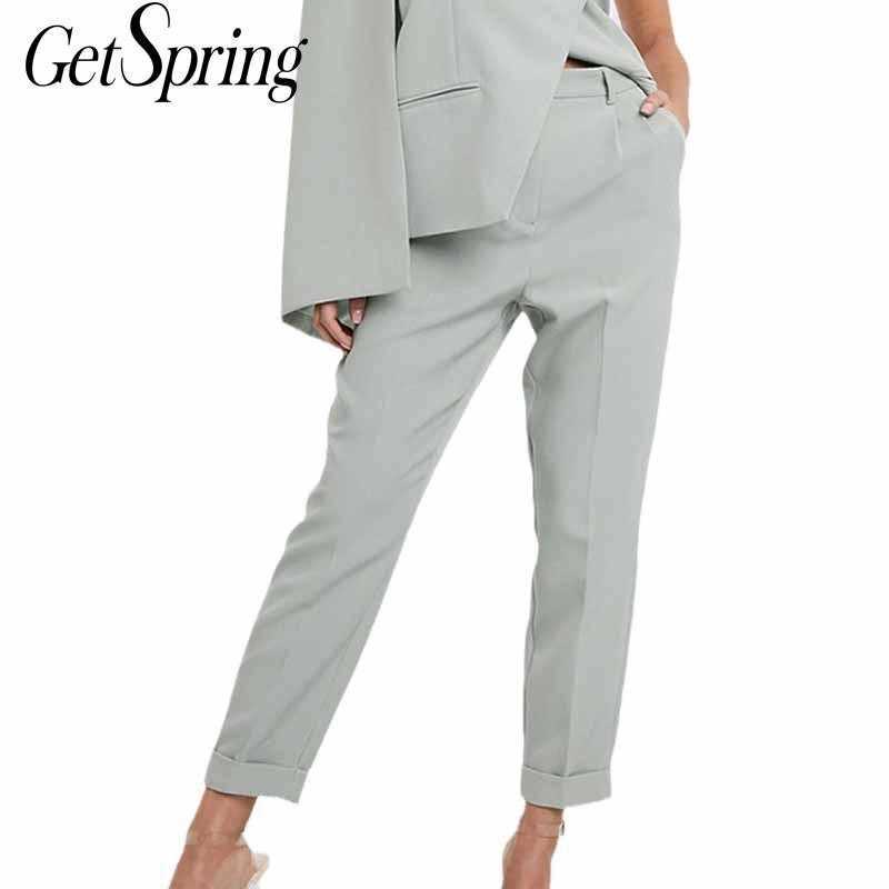 

GetSpring Women Pants Temperament Pencil Loose Long Trousers Fashion High Waist Light Green Suit 210601