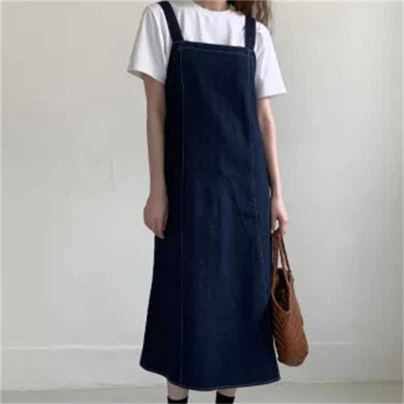 

Preppy Style Blue Casual Denim Chic Stylish Femme Loose Straight Cowboy Overalls Long Dresses Vestidos 210525, Photo color