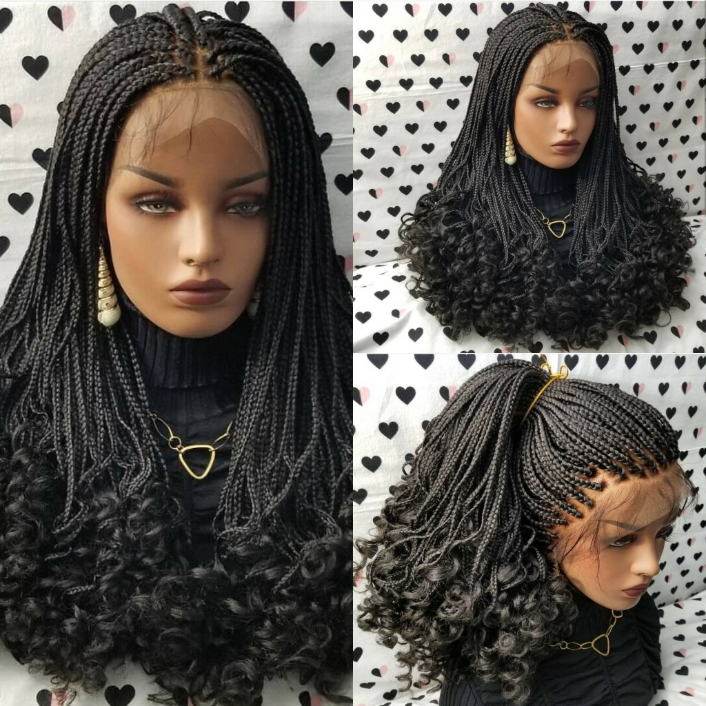 

180 Density Full 24inches Black/Brown /Burgundy Box Braids Wig Fully Hand Ponytail Synthetic Lace Front Braided Wig With Curly Tips, Red
