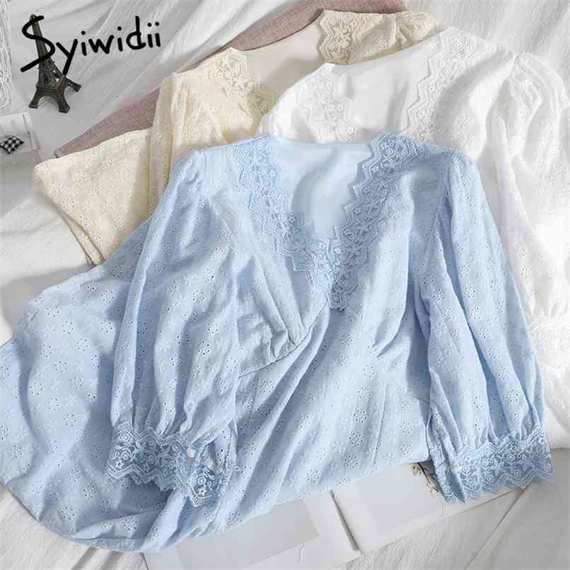 

Fashion Lace Spliced High Waist Dresses Women Hollow Out Puff Sleeve V-Neck A-line Solid Clothing Summer Korean 210607, Blue