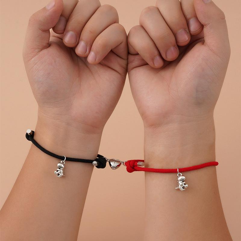 

Link, Chain 2pcs Magnetic Stainless Steel Dinosaur Pendant Heart Charm Couple Bracelets Lover Friend Men Women Braid Rope Bangle Bracelet