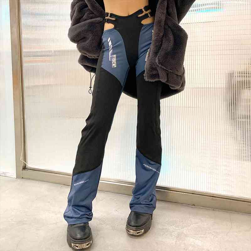 

Summer Minority Design Sense Hollow Out Collision Color Slim Sports Casual Pants Women High Waist Show Thin Hips Trousers, Black;white