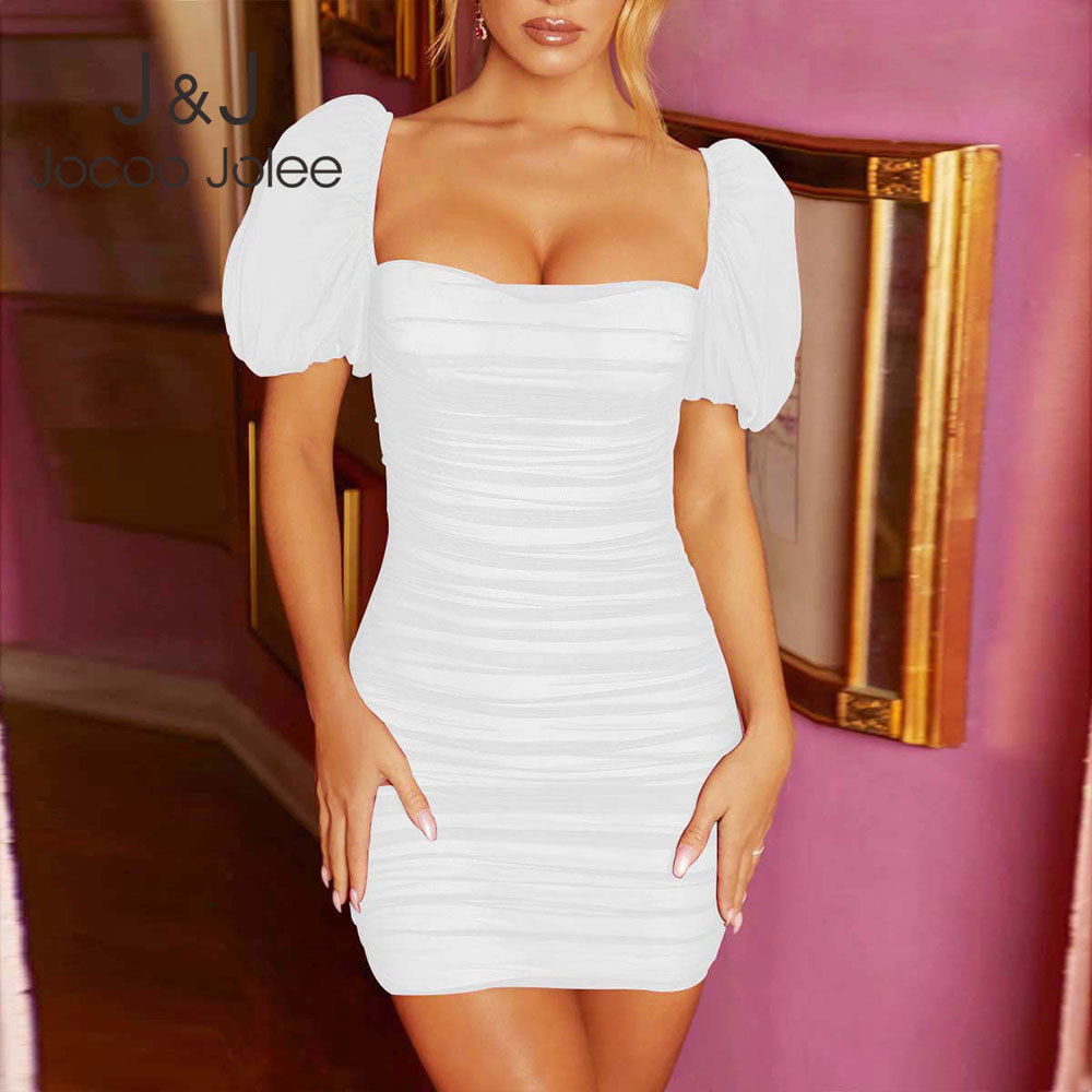 

Jocoo Jolee Sexy Ruched Bandage Club Dress Elegant Puff Short Sleeve Backless Bodycon Mini Dress Casual Party Dress Vestidos 210518, Black