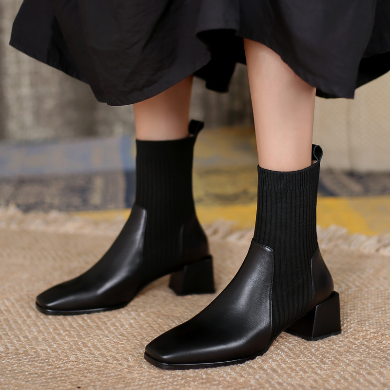 

dress shoes wool knitted stretch boots women's autumn and winter square toe thick heel short wyj6 8wnk, Black