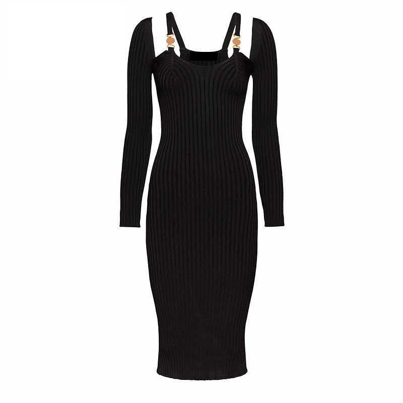 

New Sexy Women Runway Dresses V Neck Long Sleeve Knit Slim Dress High Quality Female Gold Button Long Milan Runway Party Dresses E18, Black