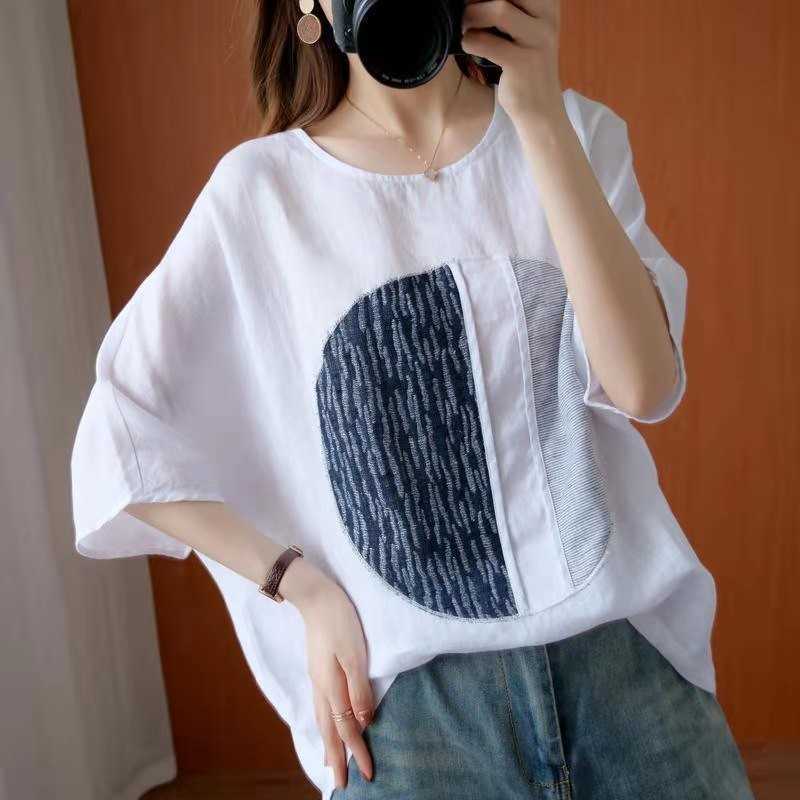 

Arrival Summer Korean Style Women Loose Casual Batwing Sleeve O-neck T Shirt Cotton Print Patchwork T-shirt W150 210608, White
