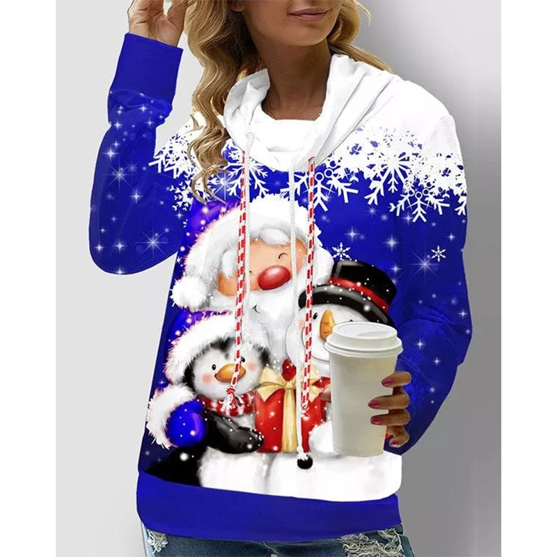 

Women's Hoodies clothing Santa Claus print top pile drawstring pullover ladies sweater, Black