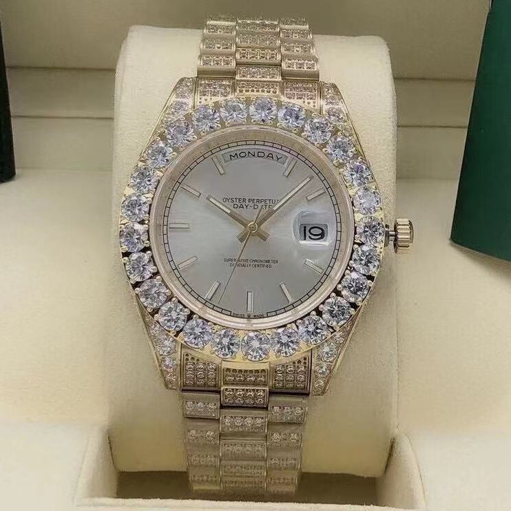 

Luxury Men's Big Diamond Ring Watch Stainless Steel Strap Silver Dial Automatic Date Sapphire Mirror