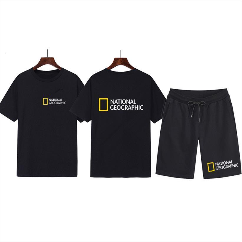 

national geographic sportswear casual brand mens tracksuit fitness sweatshirt two piece suit 100% cotton t shirt shorts hip hop fashion, Gray