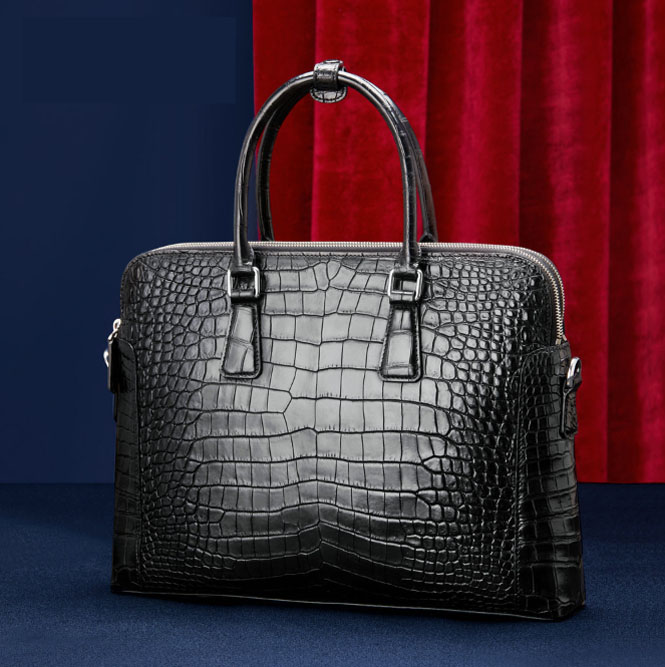 

Siamese crocodile skin man bag belly double pull men briefcase leather business trip documents handbag, Black