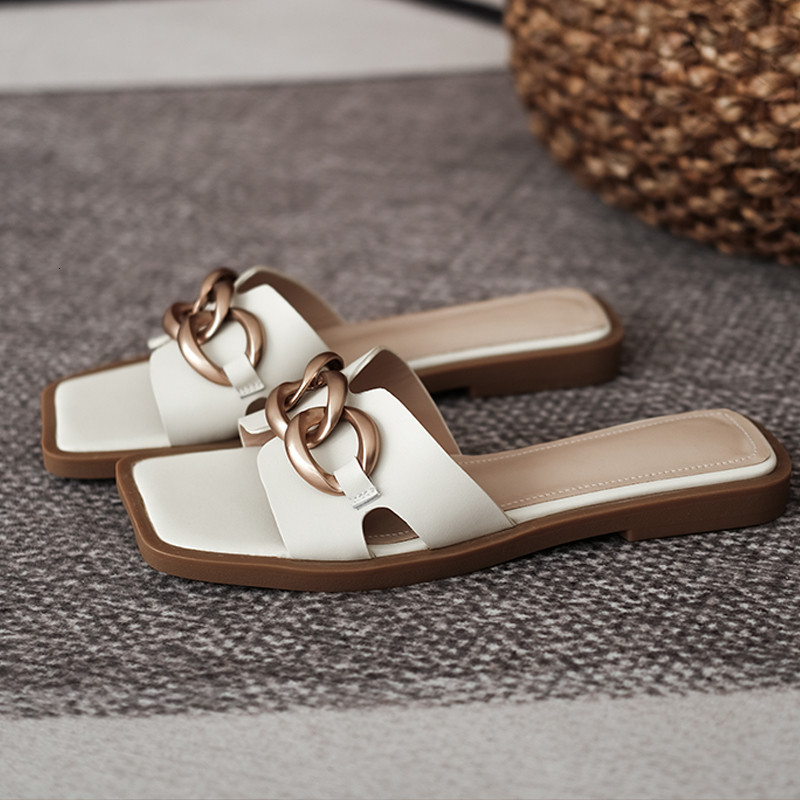 

Sandals women's fashionable slippers genuine leather metal comfortable decoration slides office lady will see flat-heeled shoes EBSP, 1# shoe box