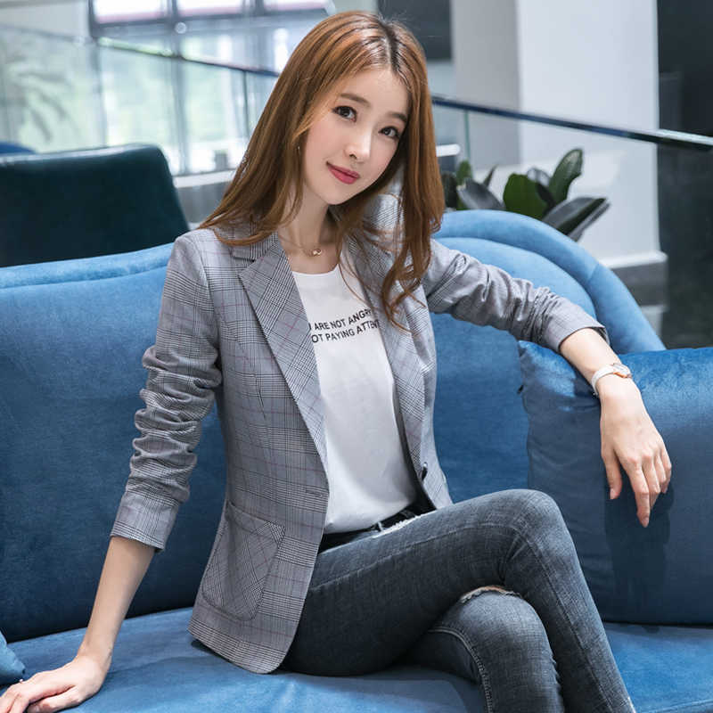 

Grid small suit jacket female the spring and autumn period han edition short web celebrity style restoring ancient ways 210603, Navy blue