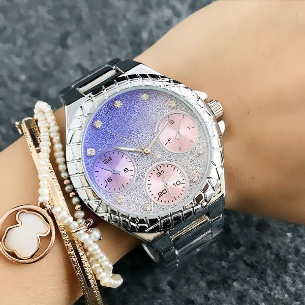 

TOP Brand Watches women Girl crystal 3 Dials style dial steel metal band quartz wrist watch GS8309, Black