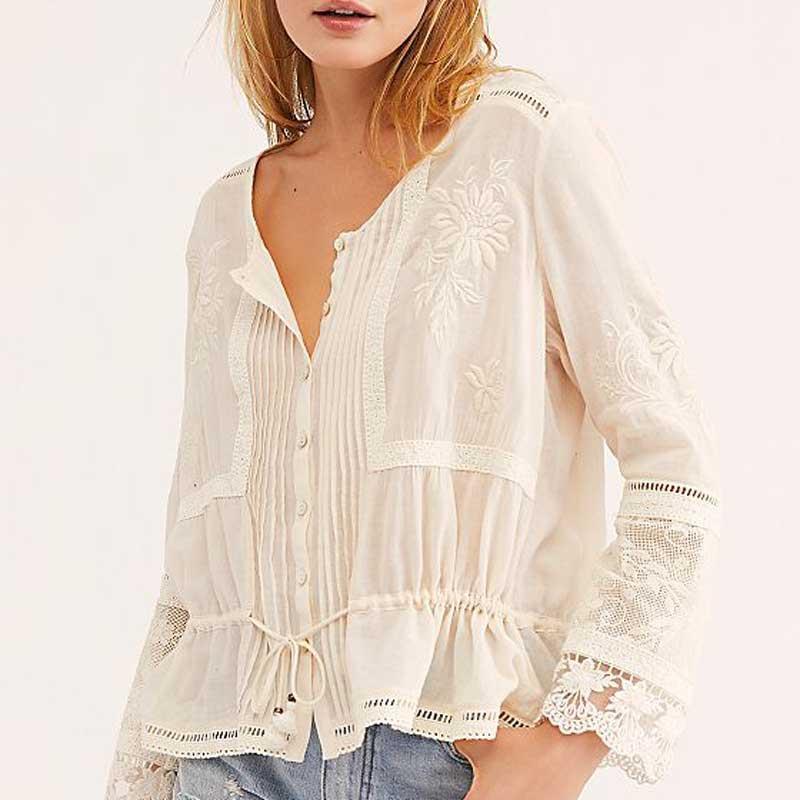 

long sleeve white lace vintage womens shirt floral embroidery tassel boho autumn blusas