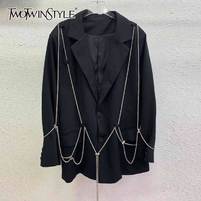 

Elegant Loose Blazer For Women Notched Long Sleeve Straight Patchwork Chain Casual Blazers Female Spring Style 210524, Black