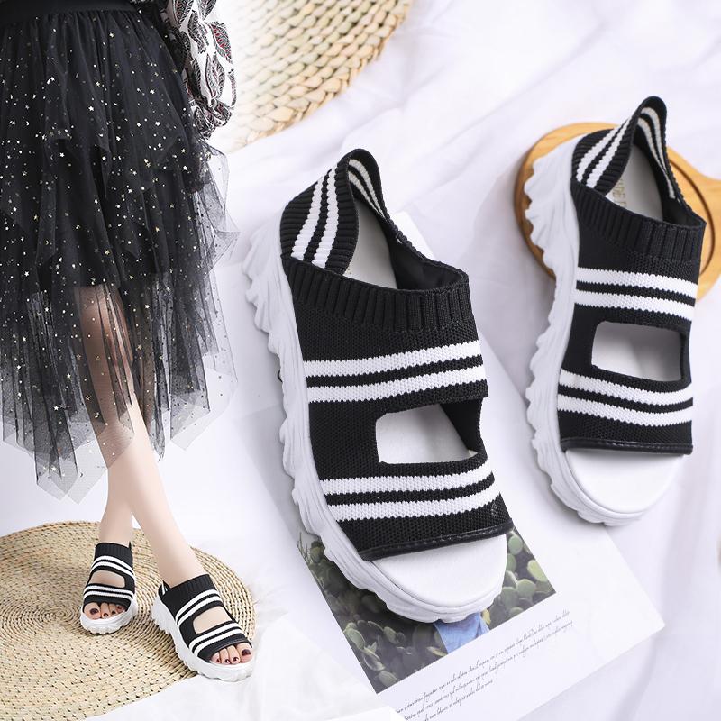 

One Pedal Sports Mesh Elastic Woven Sandals Female Summer Comfortable Wild Breathable Thick Bottom Z593, Black