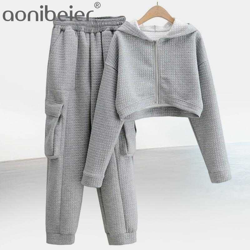 

Fund Autumn Winters Is Brief Paragraph Grid Zip Fleece Movement Beam Foot Trousers Leisure Suit Female Hoodies Pant 210604, Beige