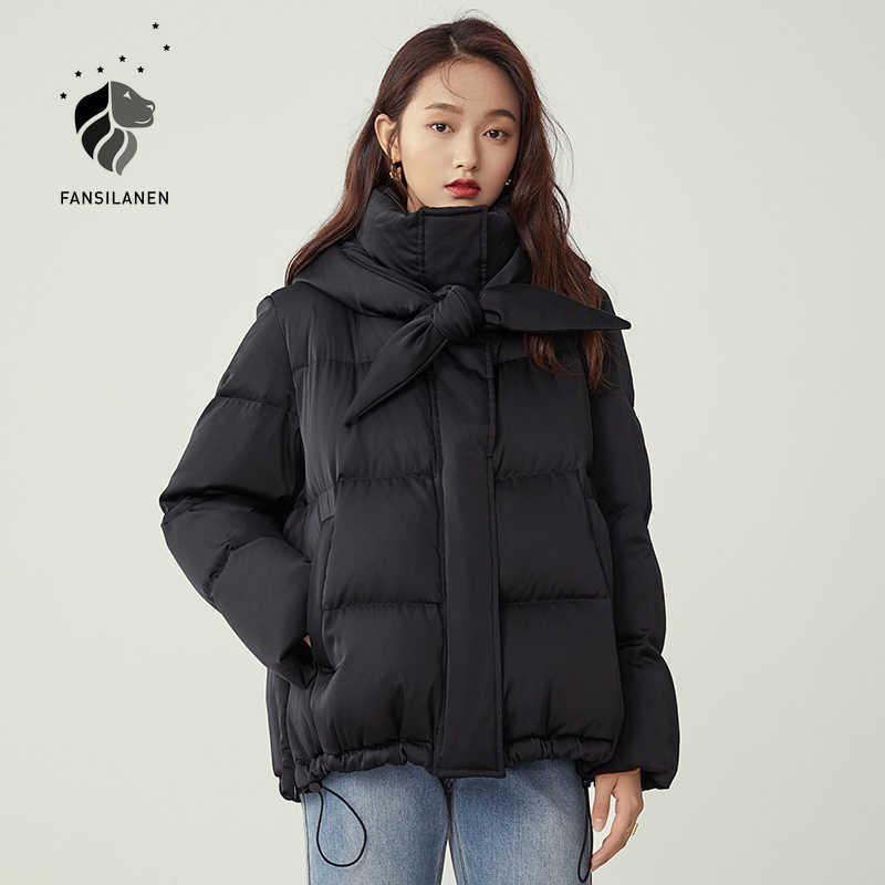 

FANSILANEN Hooded casual black short down jacket Women bow wram quilted puffer winter coat Female light thermal parka 210607