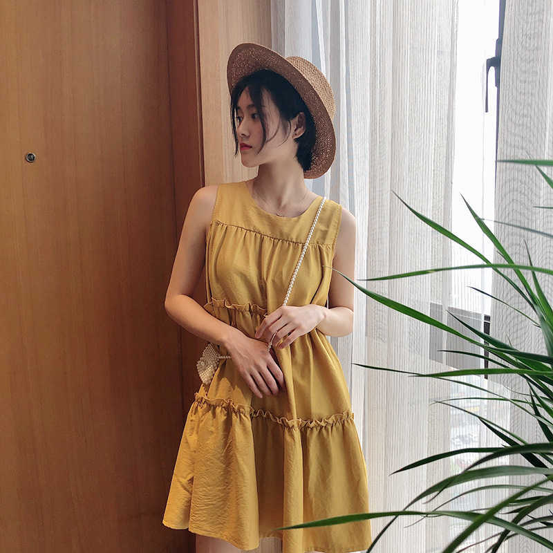 

HXJJP Summer Korean Doll Blouse Sleeveless Dress Women Loose Cake DressFemale 210607, Green