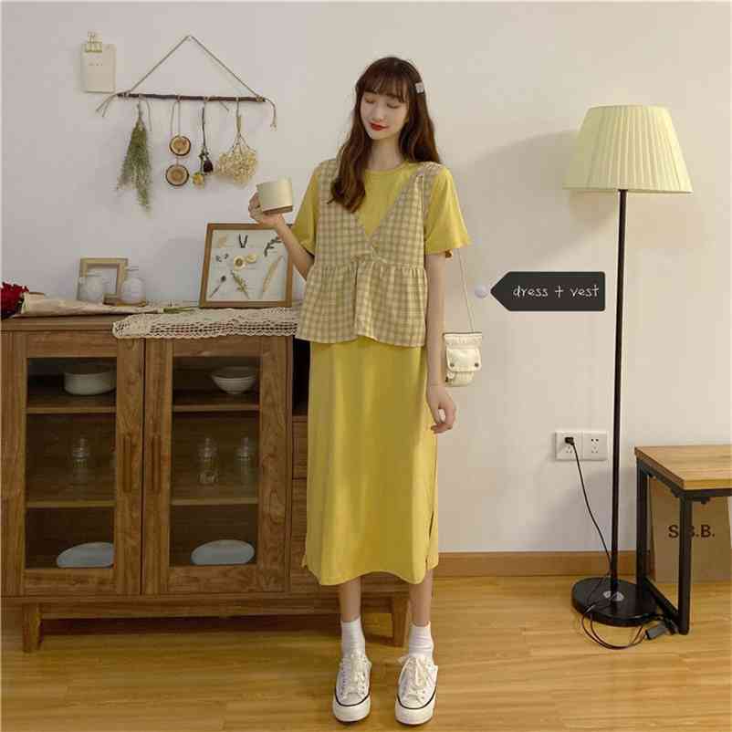 

Women Summer Fashion Sets Vintage Female Short Sleeve Midi Shirts Dress+Loose Plaid Vest 2 Pieces Casual Street Suits 210519, Purple sets