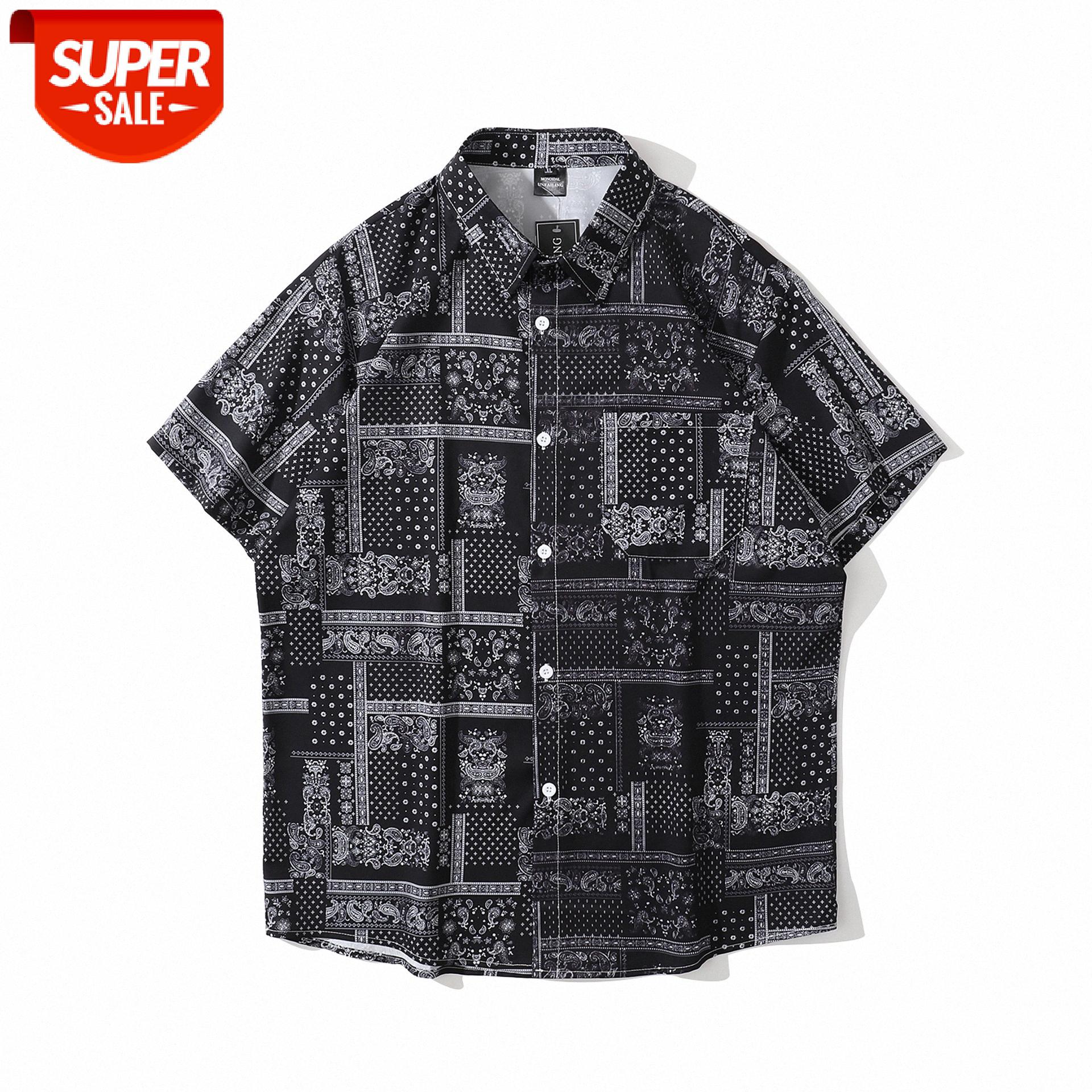 

Japanese West Coast Cashew Flower Full Print Short Sleeve Shirt Men's Loose Casual Hip Hop Jacket #KL5P, White;black