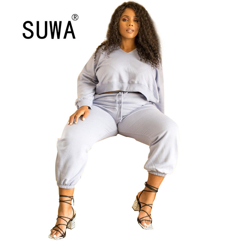 

Autumn Winter est Gray Two Piece Outfits Woman Long Sleeve Pullover Hoodies Top Baggy Pants Wholesale L-5XL Streetwear 210525